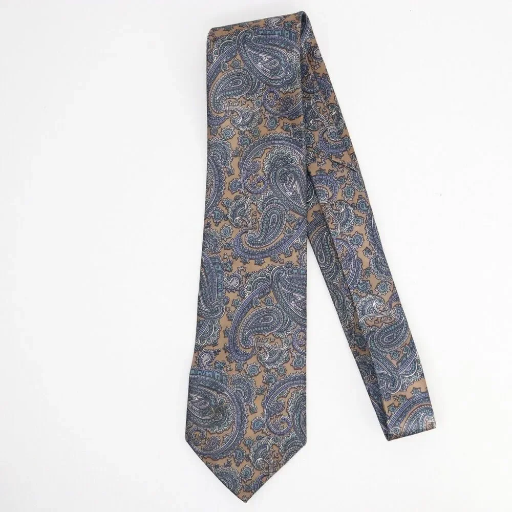 Egon Von Furstenburg Neck Tie Men Blue Gold Paisley Silk Blend Burgundy Lined